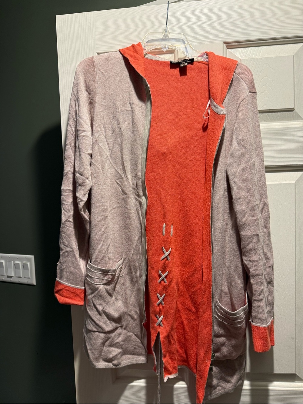 Renuar Two-Tone Hooded Zip Cardigan - Coral and Light Pink